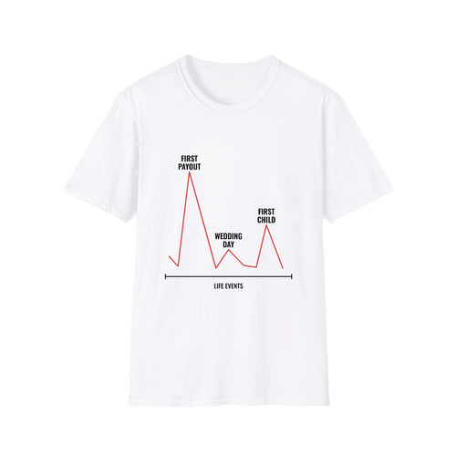First Payout white t-shirt, chart printed in black and red across the front